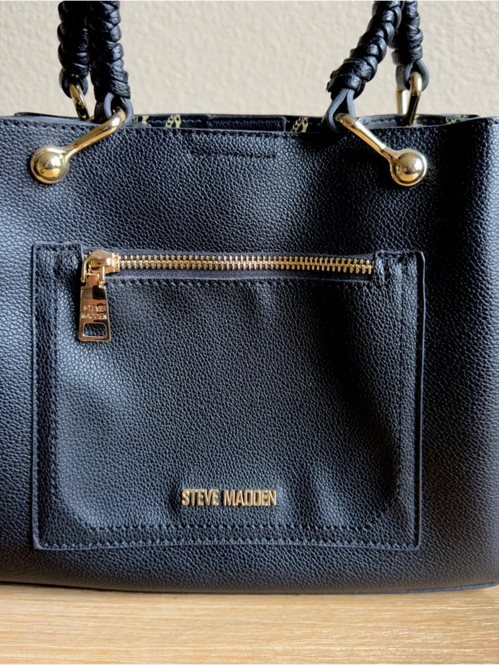 Steve Madden Black Satchel with Gold Hardware and Braided Handles